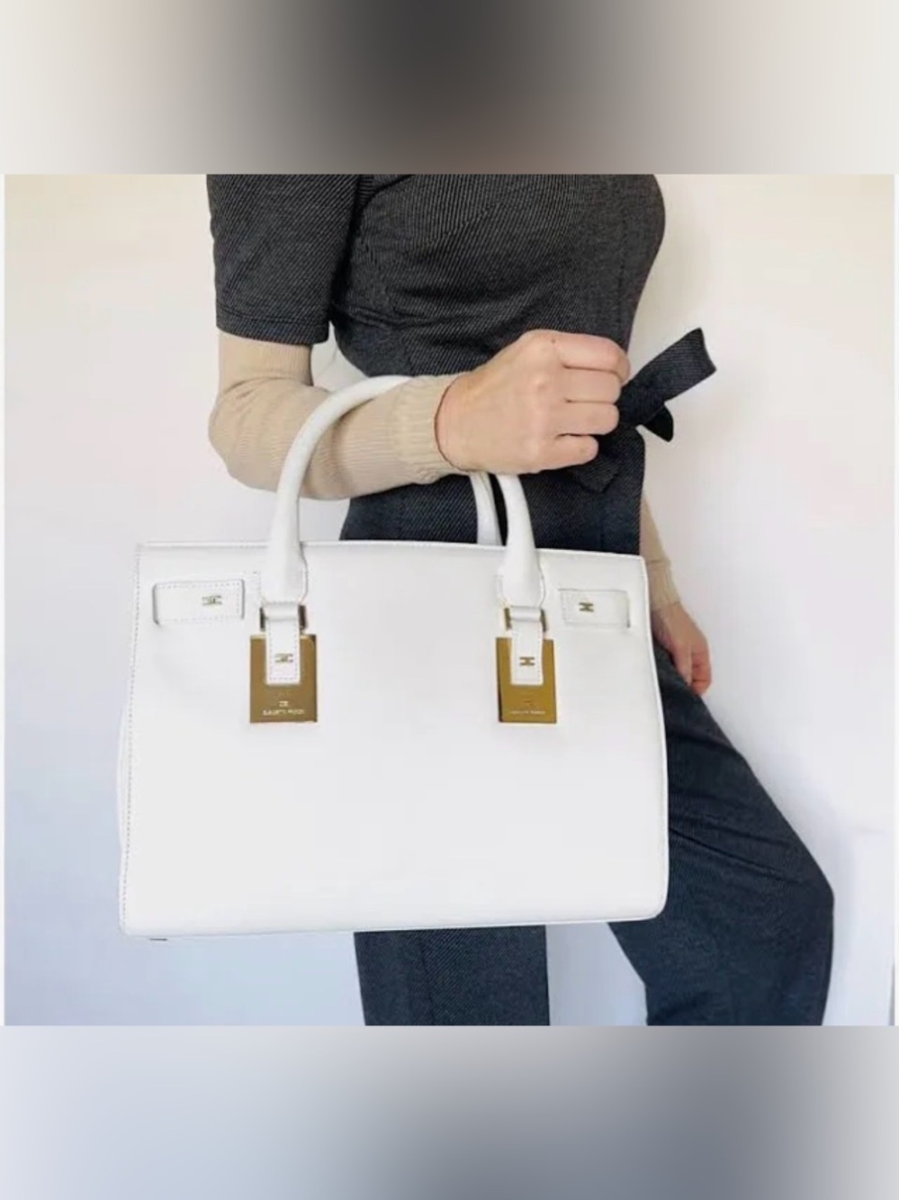 Elisabetta Franchi Women's White Leather Tote Handbag Gold Hardware